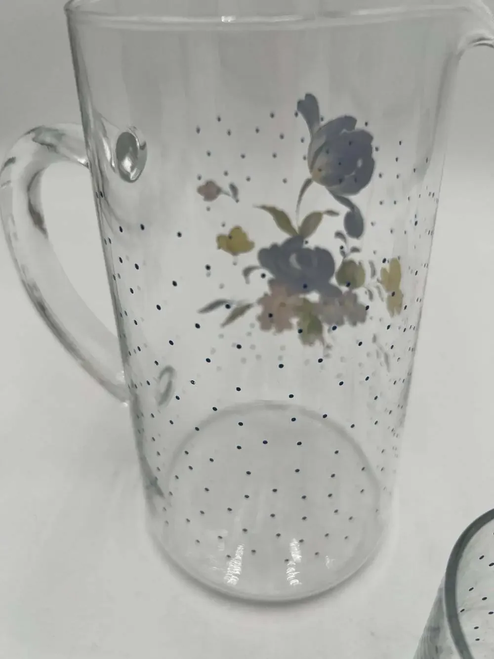 Vintage Libbey Peony Glass Pitcher 40 Oz + 3 Juice Glasses Blue Floral Set